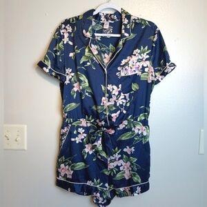 Victoria's Secret Silky Satin Romper Navy Blue Pink Floral Size Large NW…